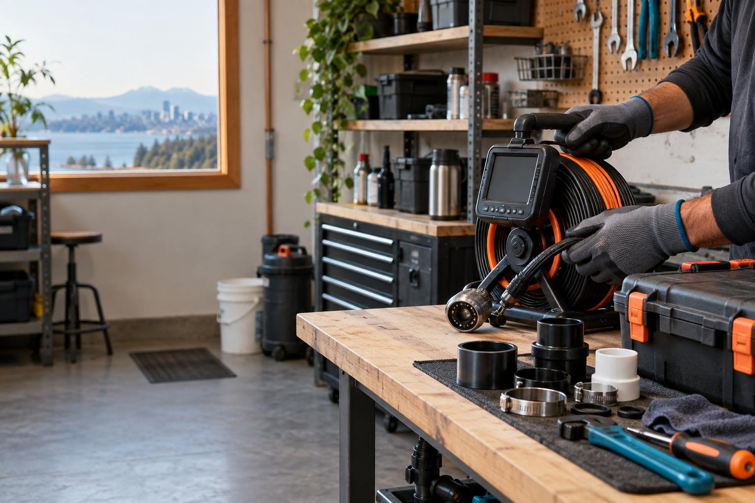Organized drain-service workshop with inspection tools