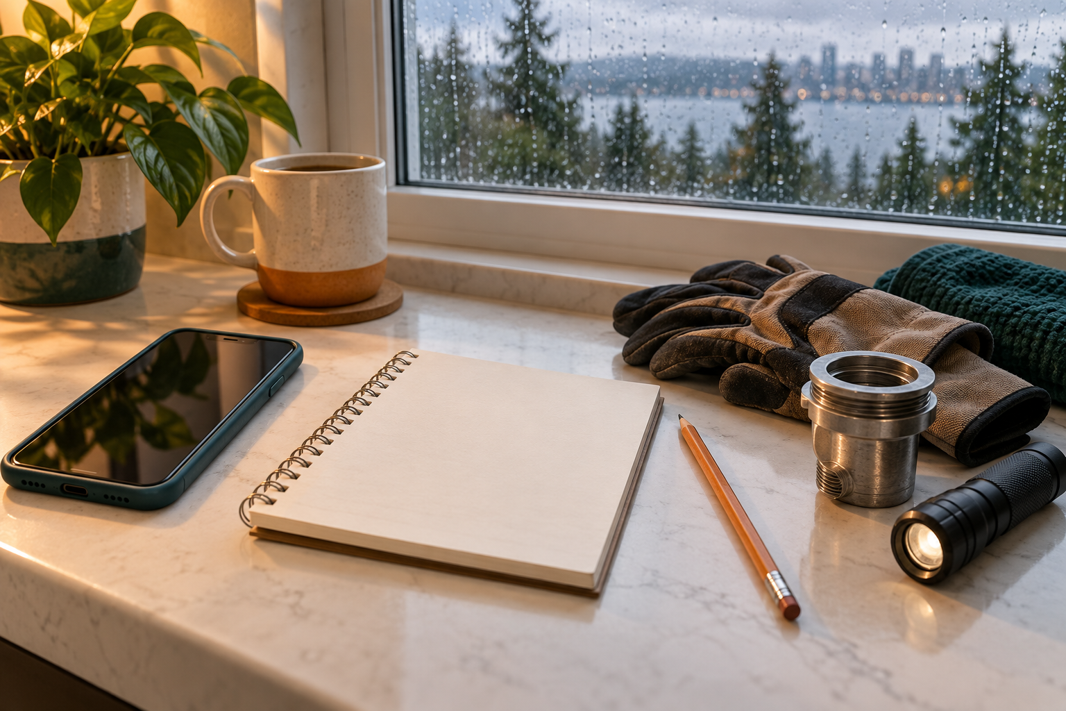 Phone, notepad, work gloves, and drain fitting on a desk