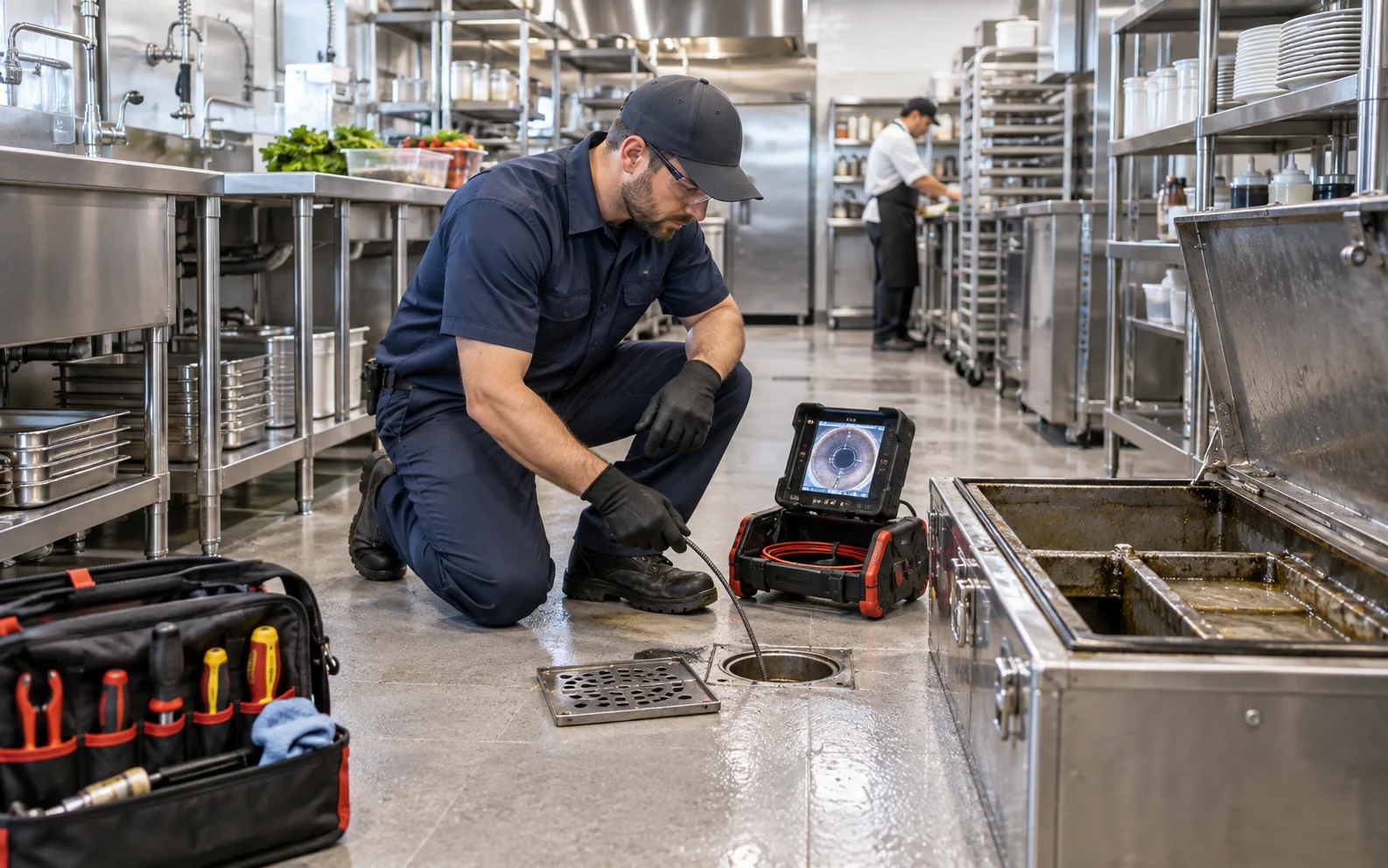 Technician inspecting a commercial kitchen floor drain