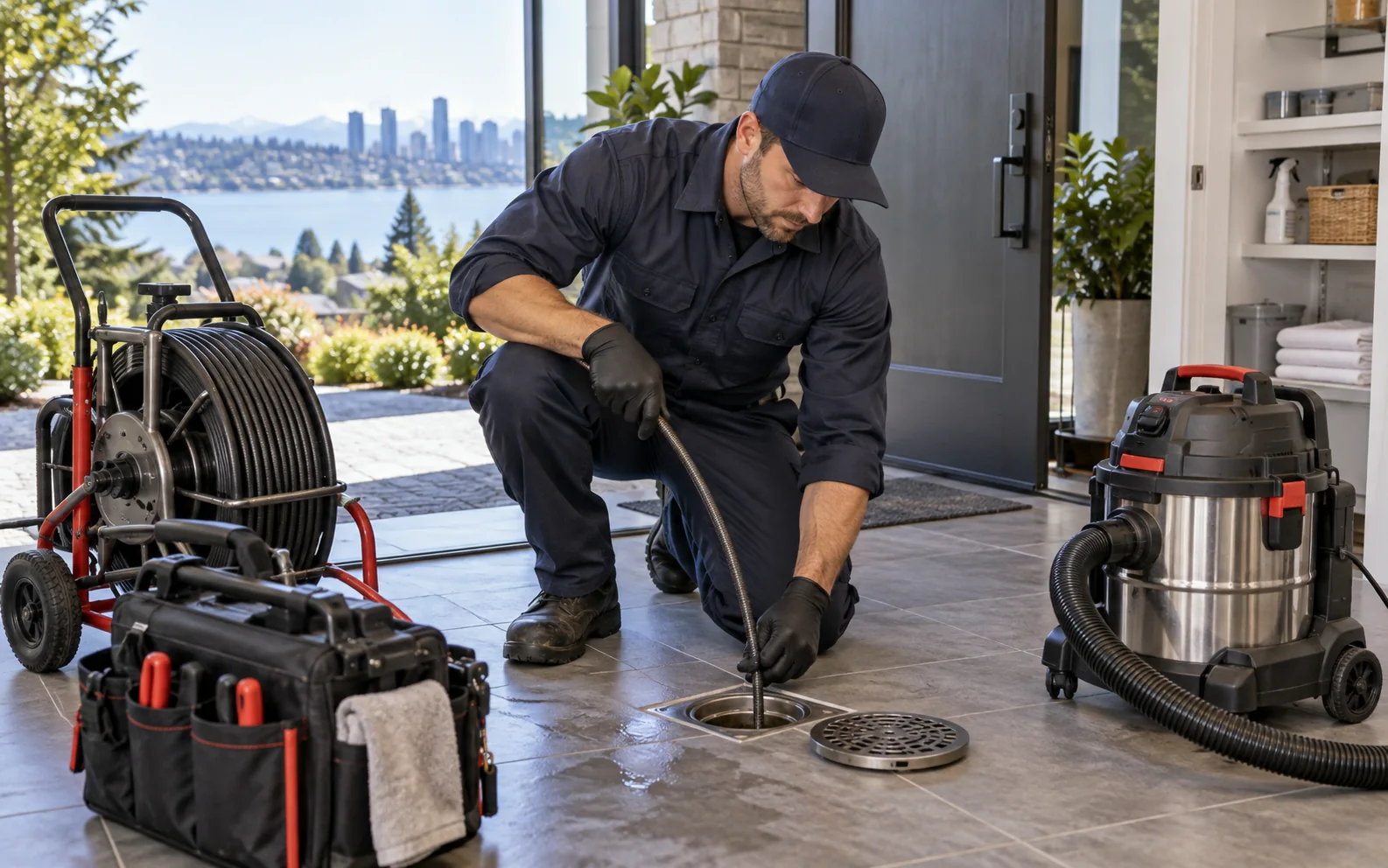 Technician responding to an urgent floor-drain issue