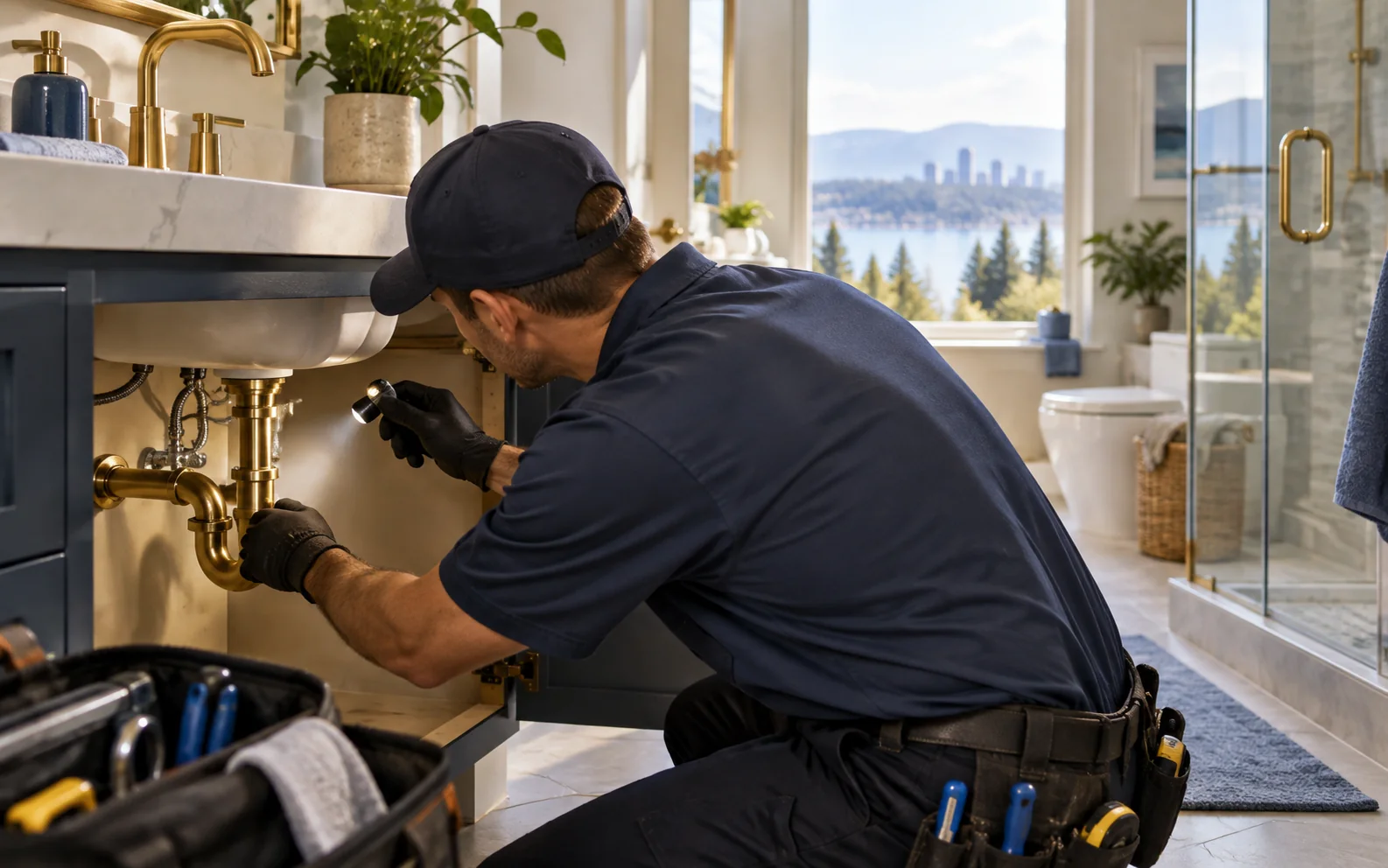 Technician examining a residential fixture connection