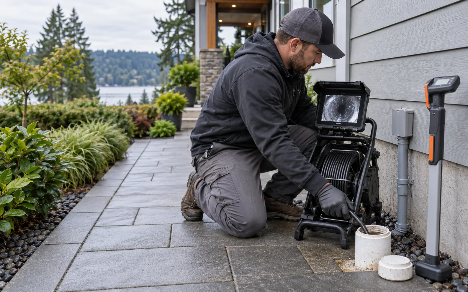 Technician preparing a sewer camera and locating reel