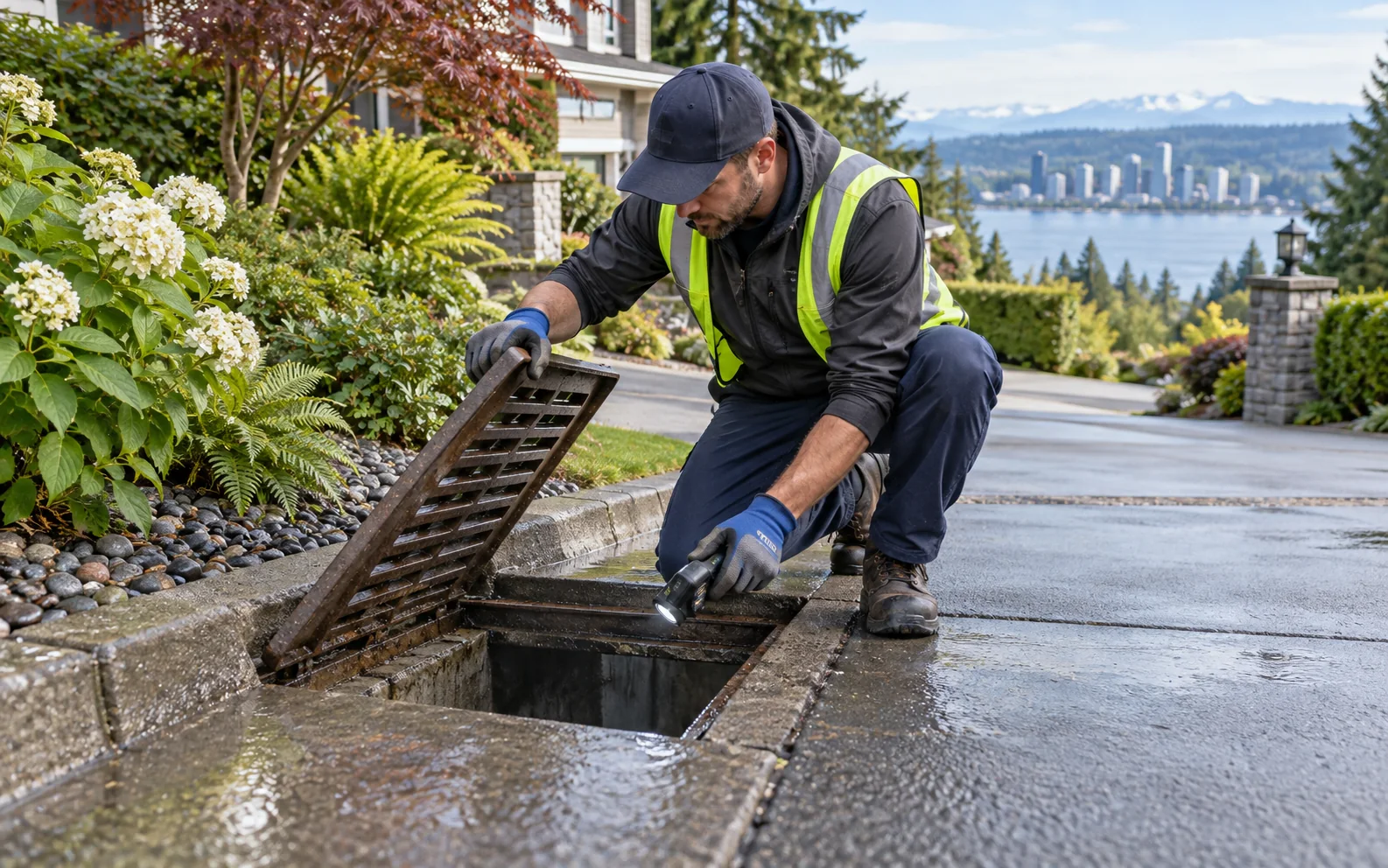 Drainage inspection equipment at a commercial property edge